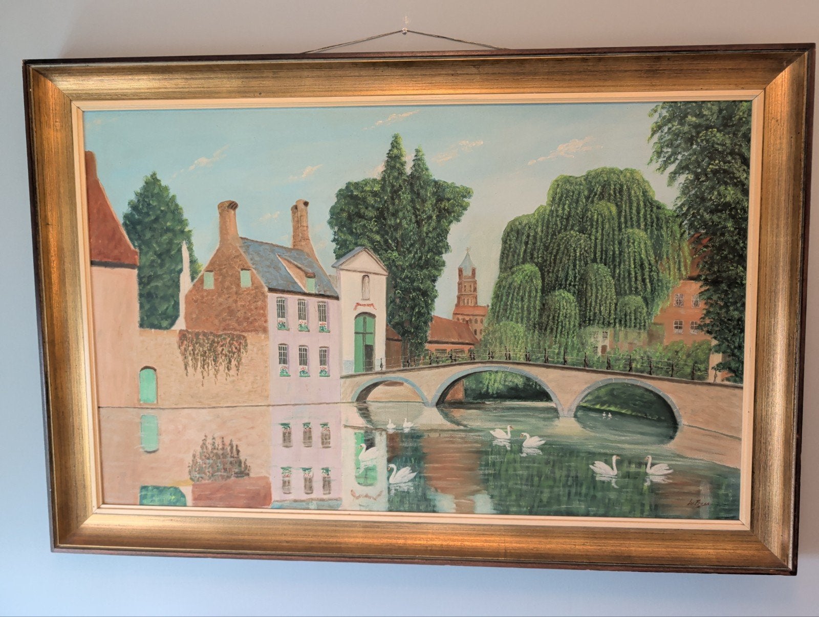 Schilderij Begijnhofbrug Brugge met zwanen, gesigneerd, Ophalen, Ingelijst, Stads- / dorpsgezicht