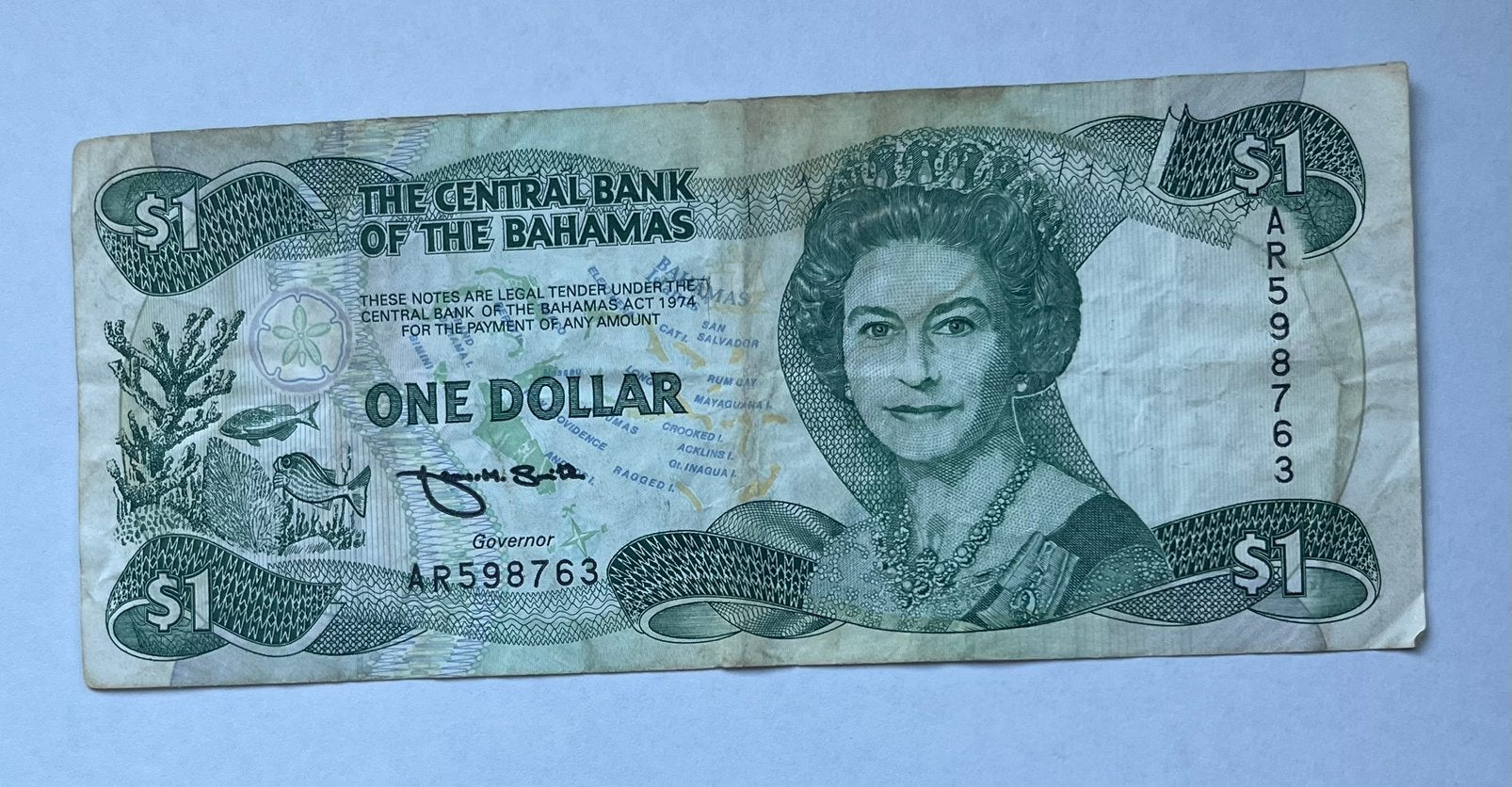 Bahamas 1 dollar 1974 gebruikte staat, Verzenden, Midden-Amerika, Los biljet