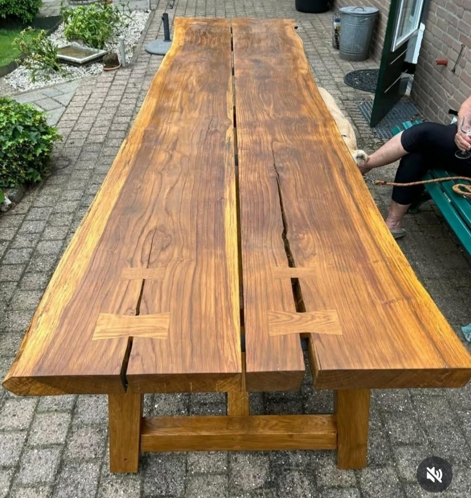 Massief eiken boomstamtafel tuintafel eettafel tafel, Ophalen of Verzenden, Nieuw, Rechthoekig, Hout