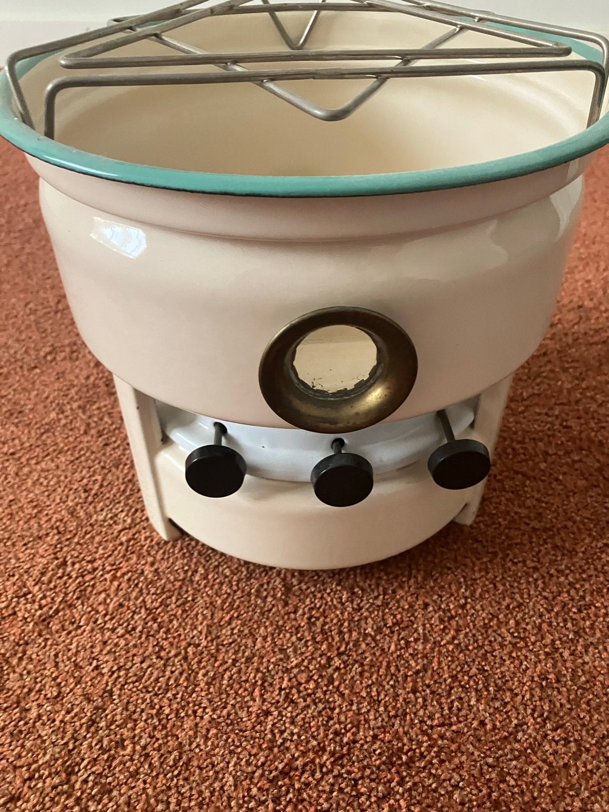 Vintage Emaille Petroleumstel - Crème met Turquoise Rand, Ophalen of Verzenden