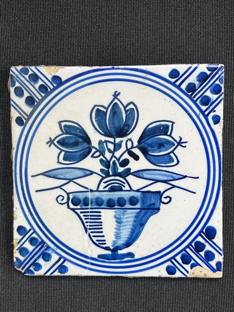 Antieke Delft Blauwe Boeren Tegel - Bloempot Decor, Ophalen of Verzenden