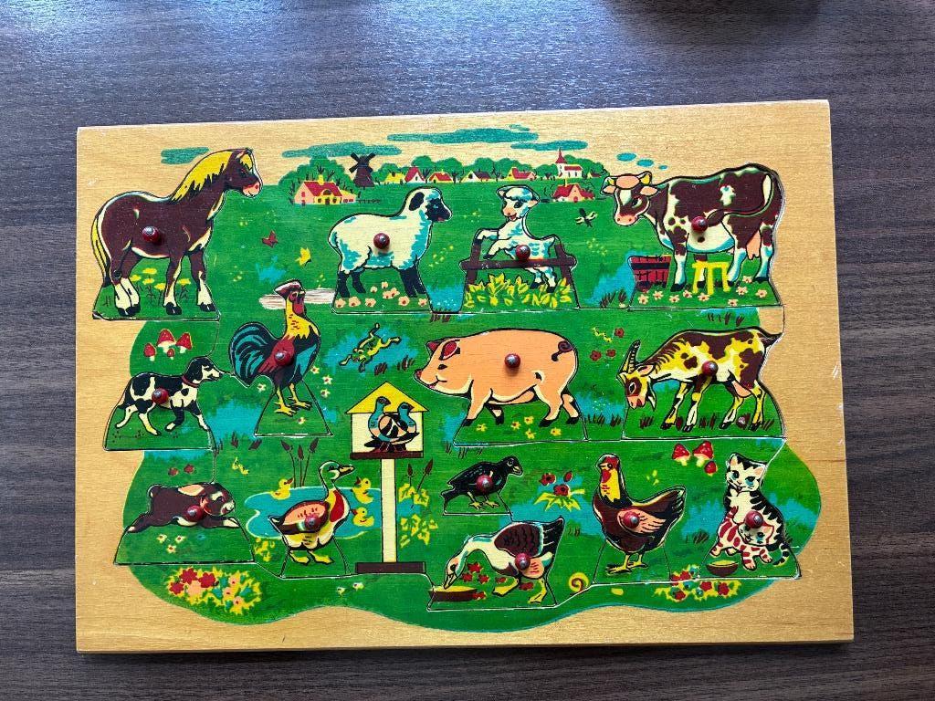 Vintage houten puzzel boerderijdieren, Kinderen en Baby's, Speelgoed | Houten speelgoed, Ophalen, Gebruikt, Overige typen