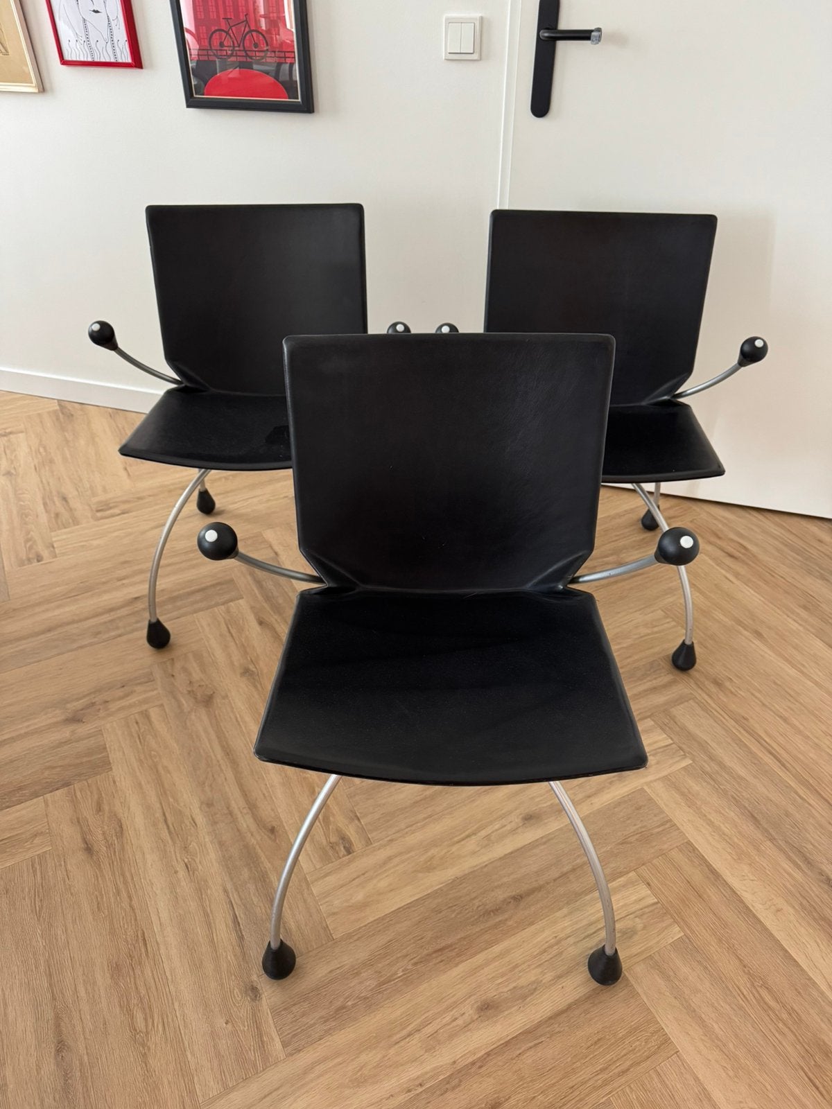 3 Boonzaaijer & Mazairac “Spider” stoelen - Designer Vintage, Ophalen, Zwart, Leer, Zo goed als nieuw