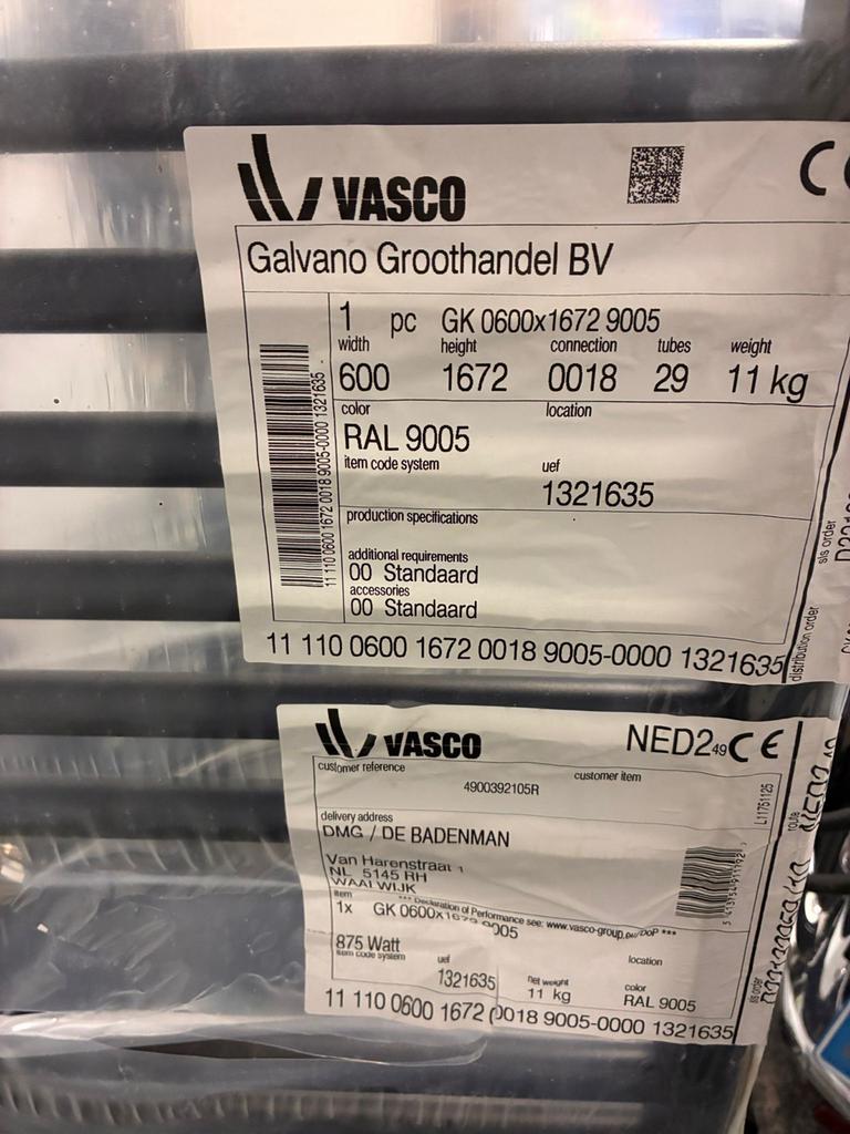 Vasco Handdoekradiator GK 0600x1672 RAL 9005 Zwart, Ophalen of Verzenden, Nieuw