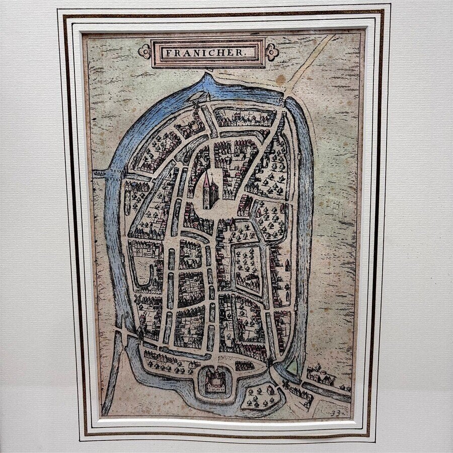Handgekleurde kopergravure: stadsplattegrond Franeker, Ophalen of Verzenden