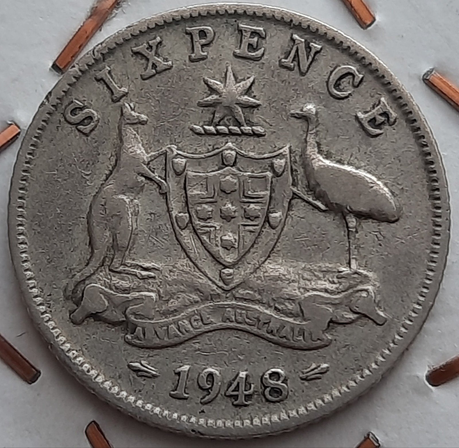 Australië 6 pence 1948 (Zilver) Oplage: 1.584.000., Postzegels en Munten, Ophalen of Verzenden, Losse munt, Zilver