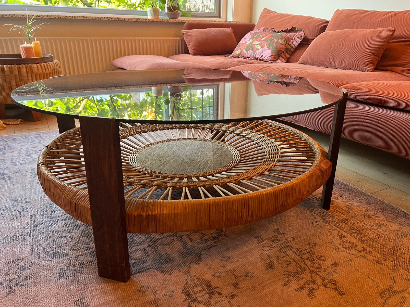 Vintage mid-century Rotan ronde salontafel gerookt glas, Ophalen, Gebruikt, Rond, Mid-century Rohe Noordwolde Vintage