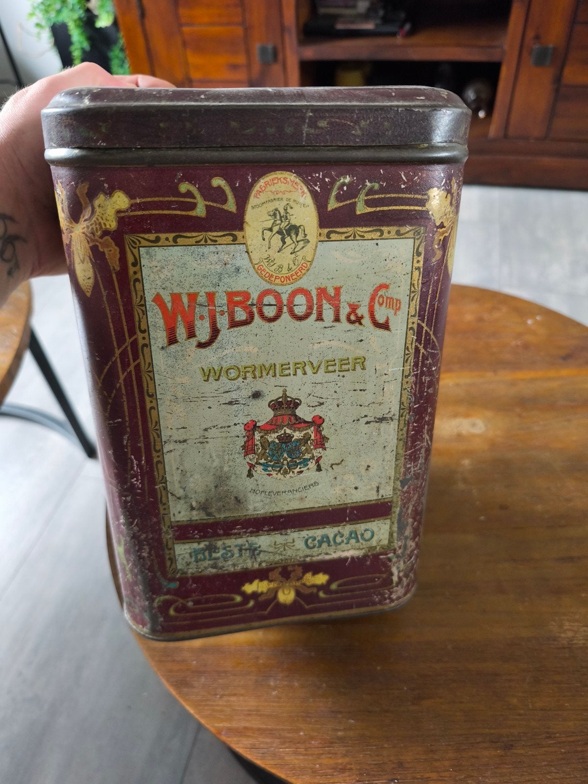 Groot Antiek Art Nouveau Cacao Blik W.J. Boon Wormerveer, Ophalen of Verzenden