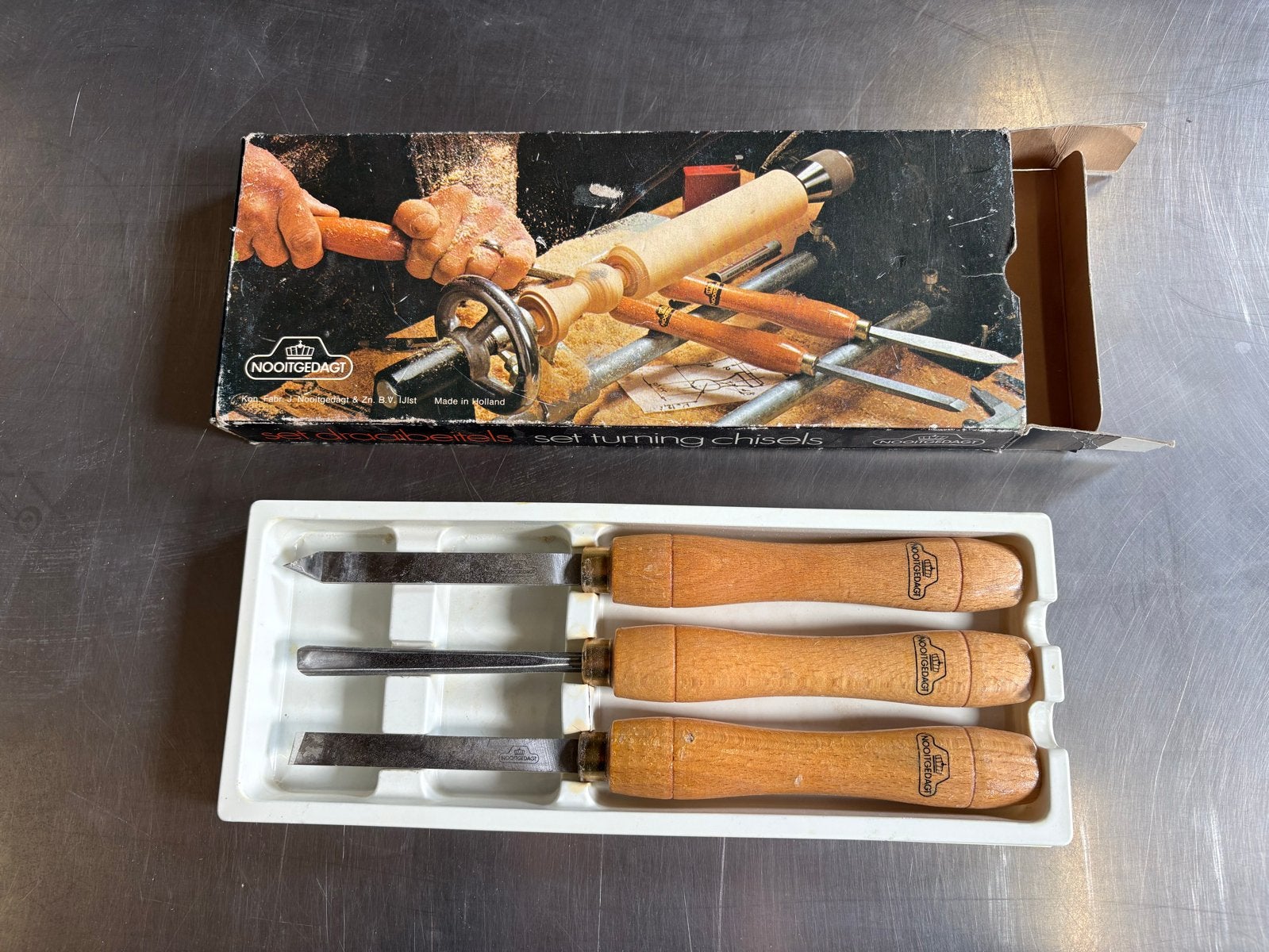 Set Nooitgedagt Houtdraaibeitels - 3-delig in originele doos, Ophalen of Verzenden, Gebruikt, Beitel, Nooitgedacht