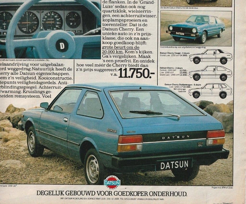 Retro reclame 1979 Datsun Lisse Cherry degelijke auto, Verzenden, Overige typen