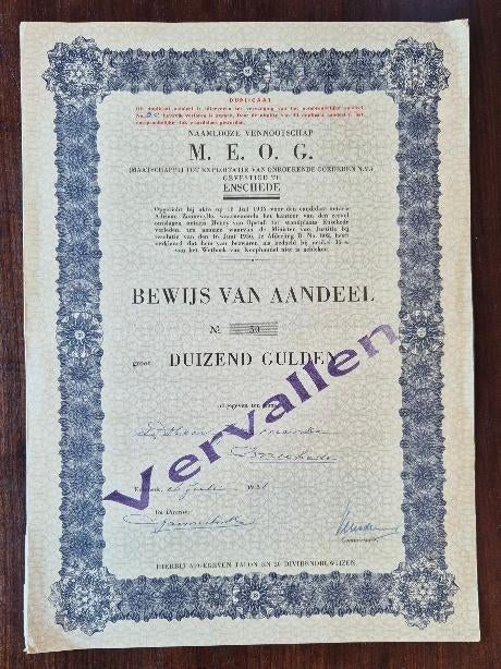 M.E.O.G. aandeel 1000 gulden 1936 Enschede - duplicaat, Ophalen, 1920 tot 1950, Aandeel