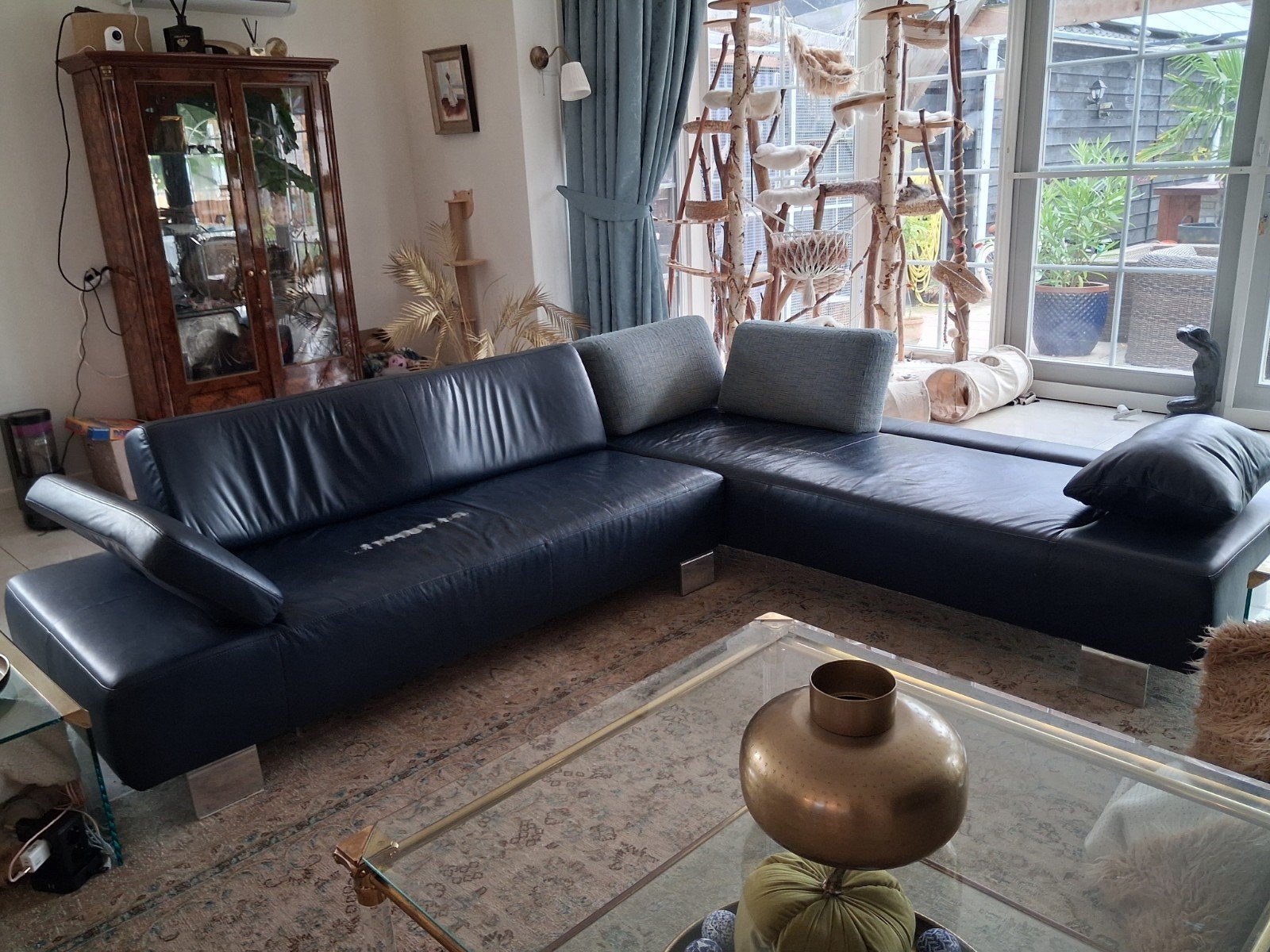 Donkerblauwe leren hoekbank met verstelbare leuningen, 250 tot 300 cm, Gebruikt, 100 tot 125 cm, Hoekbank