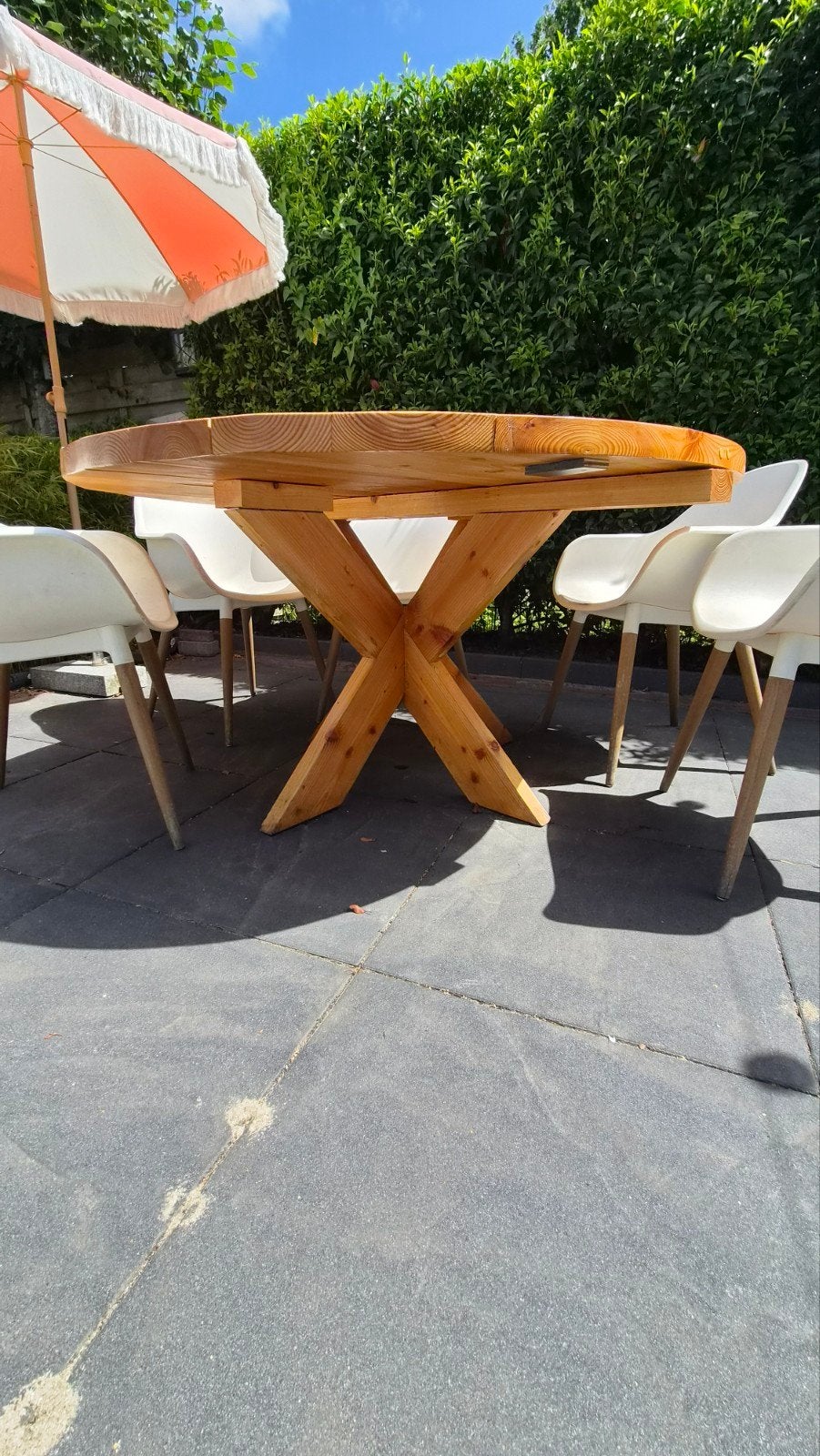 Ronde houten tuintafel 140 cm met kruispoot, Tuin en Terras, Ophalen, Gebruikt, Rond, Hout