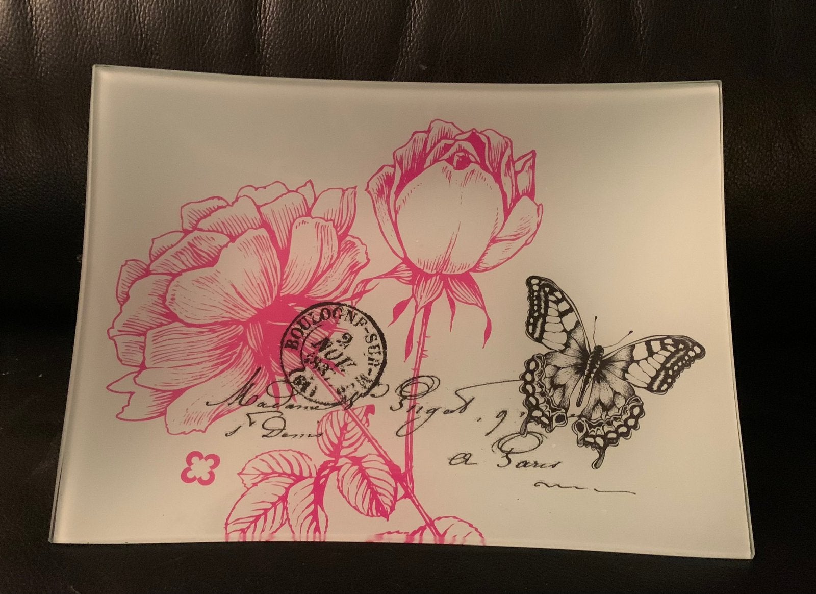 Glazen Presenteerschaal met Rozen & Vlinder, Ophalen of Verzenden, Zo goed als nieuw, Rond, Glas