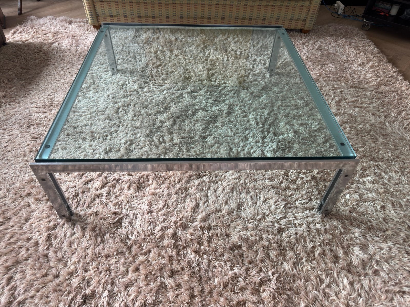 Salontafel M1 Metaform Hank Kwint - Glas en Metaal, Gebruikt, 100 tot 150 cm, Vierkant, Ophalen of Verzenden