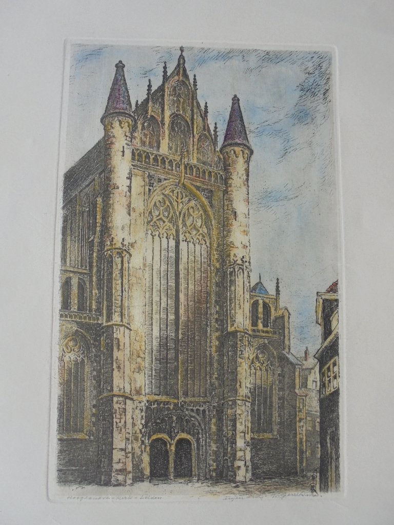 Leiden Ets Hooglandsche kerk W.Gerritsen, Handgekleurd, Religie, Ophalen of Verzenden, Lithografie
