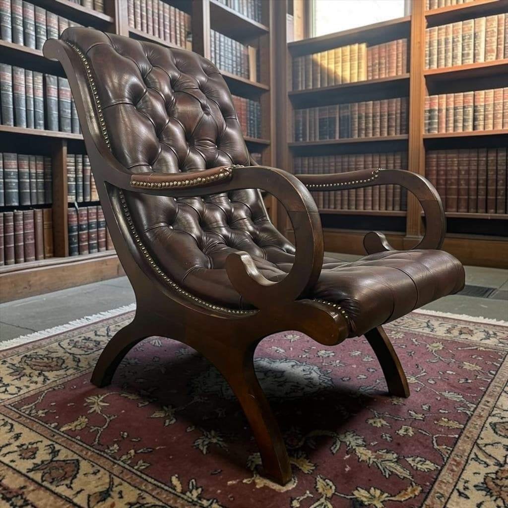 Vintage donkerbruine leren chesterfield / eenzit / fauteuil, Ophalen