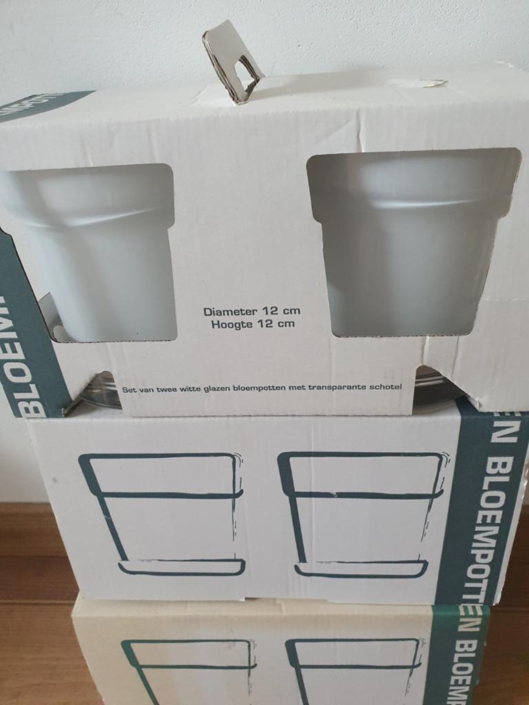 6 witte glazen bloempotten met transparante schotels., Overige materialen, Rond, Nieuw, Ophalen of Verzenden