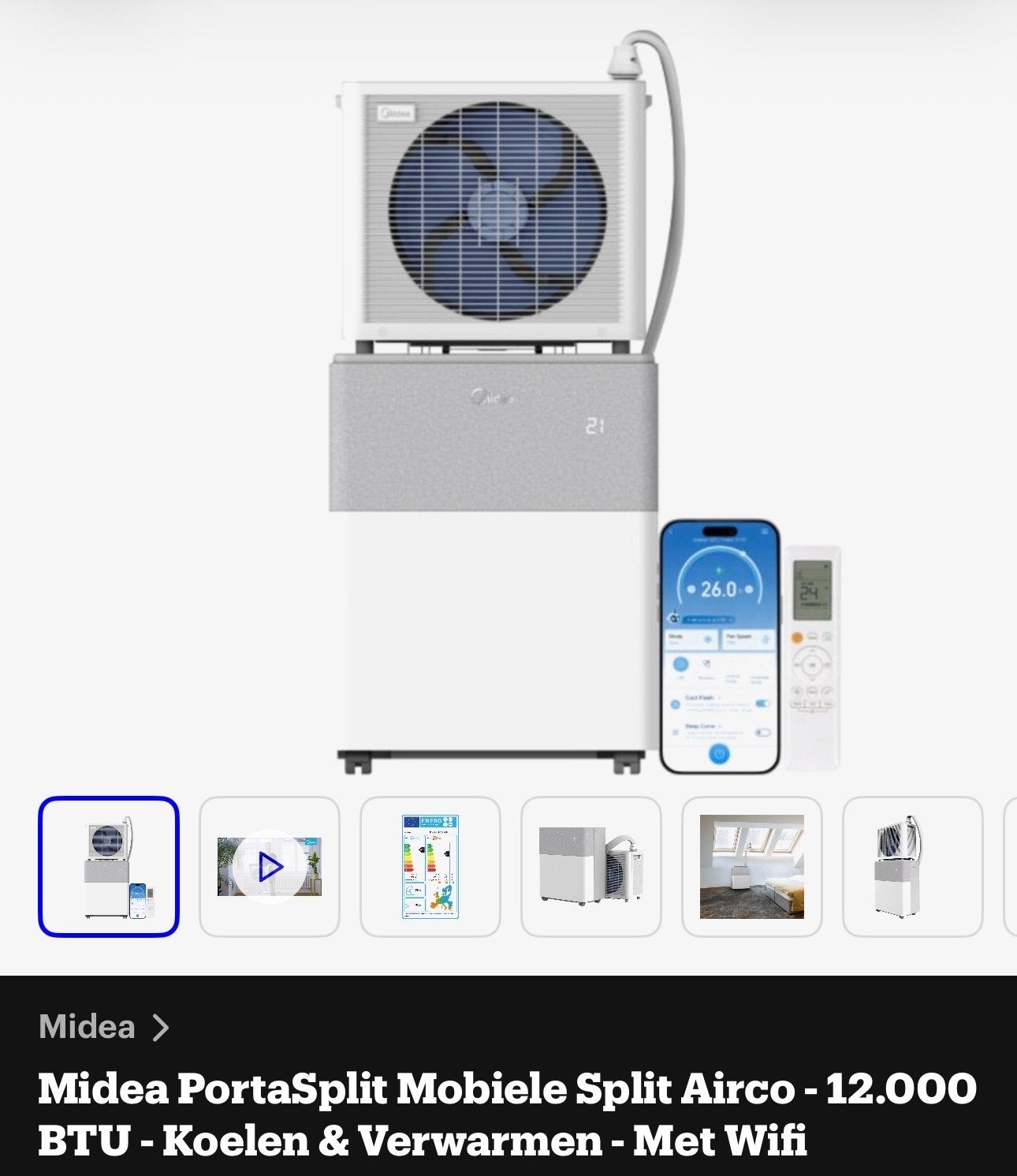 Midea PortaSplit Mobiele Split Airco - 12.000 BTU, Ophalen, Koelen en Ontvochtigen, Minder dan 60 m³, Energieklasse A of zuiniger