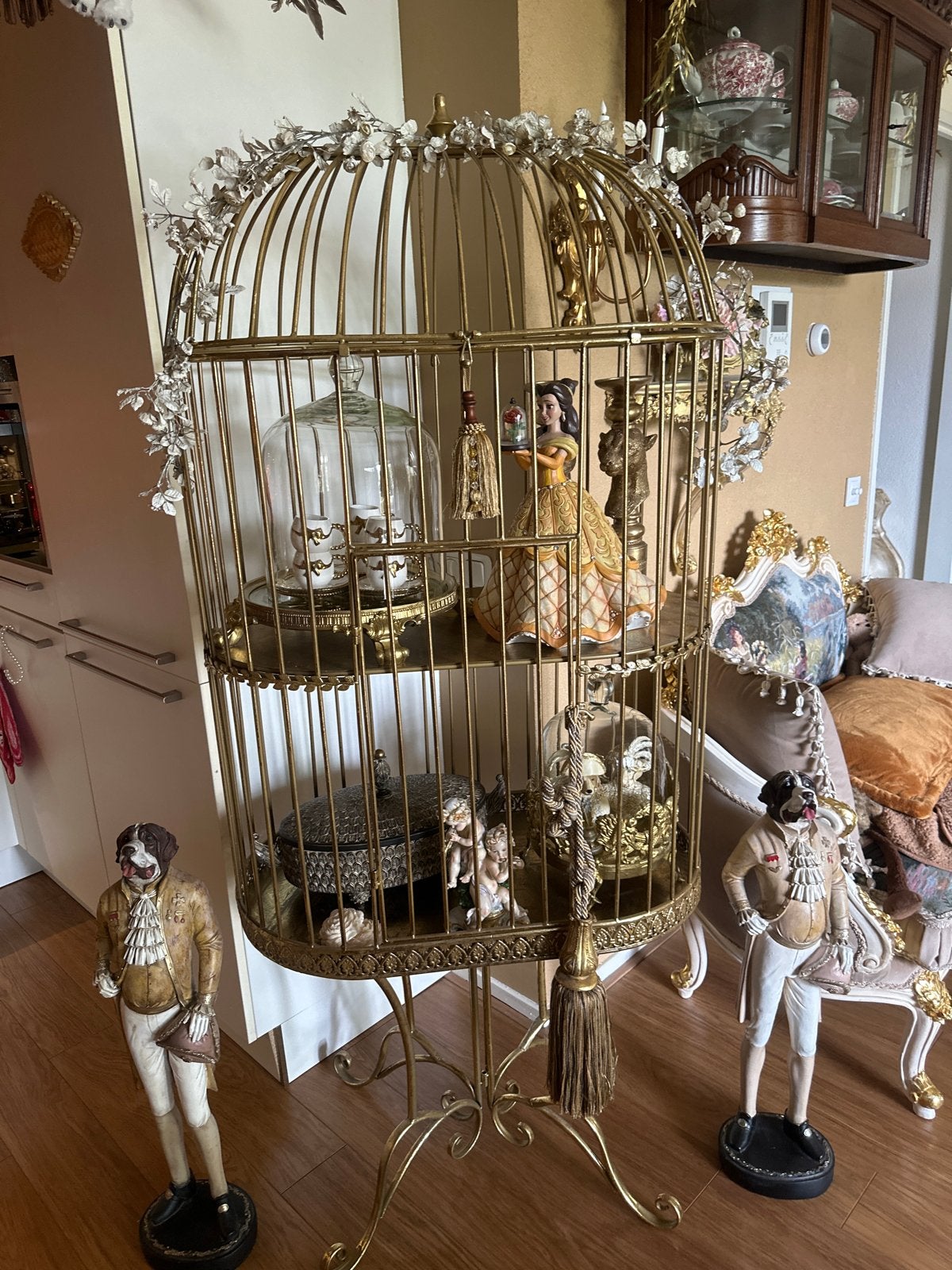 Grote gouden decoratieve vogelkooi op standaard, Ophalen