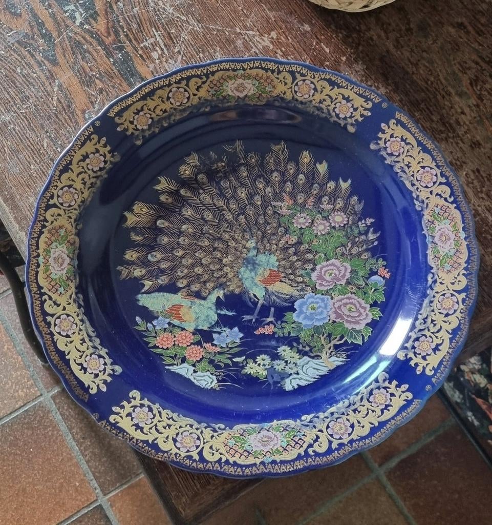 Antiek Chinees bord met pauwen en bloemen, kobaltblauw, Ophalen