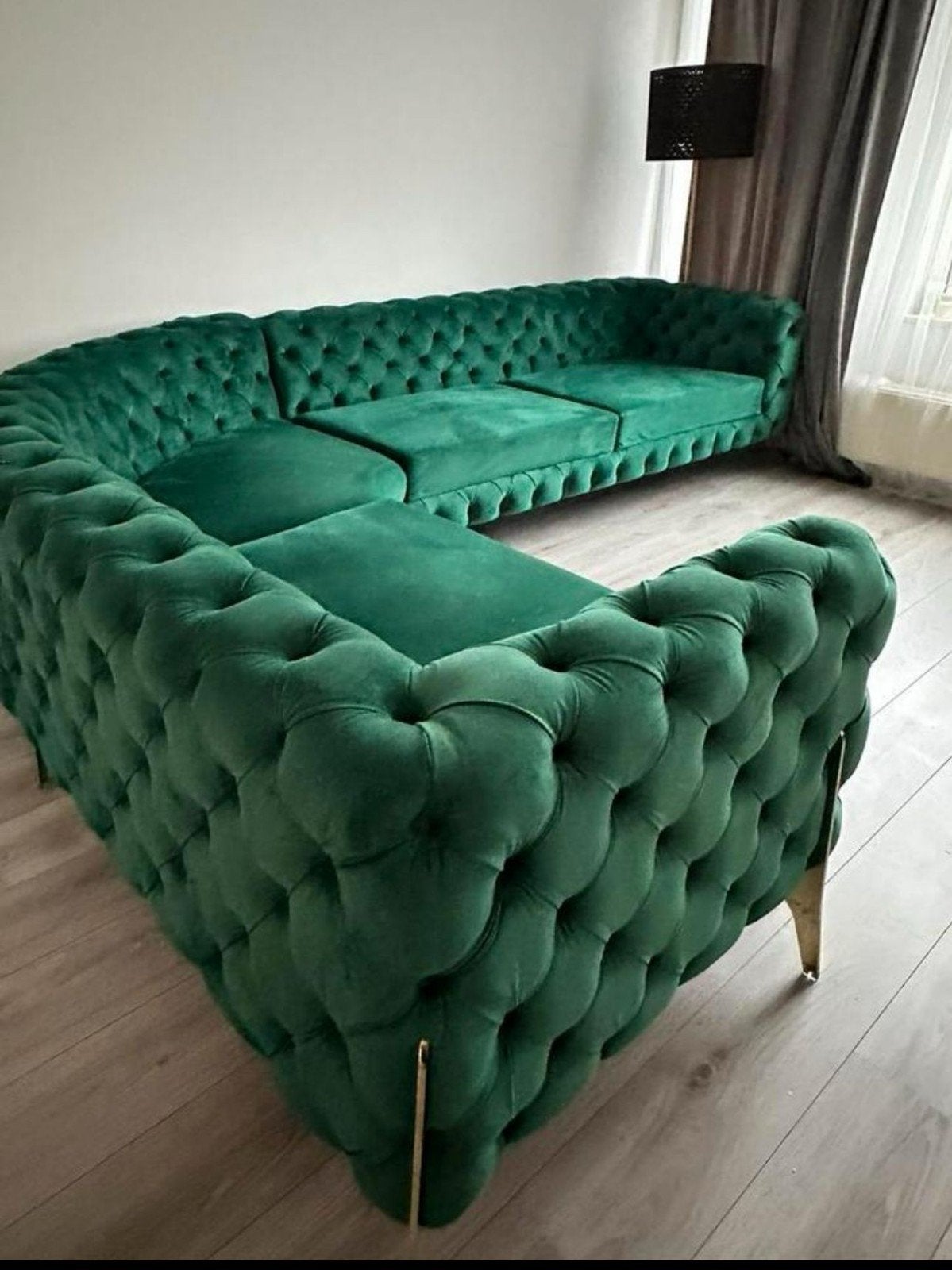 Luxe Velvet Groen L-vorm Bankstel - Zo goed als nieuw, 100 tot 125 cm, Hoekbank, 300 cm of meer, Ophalen of Verzenden