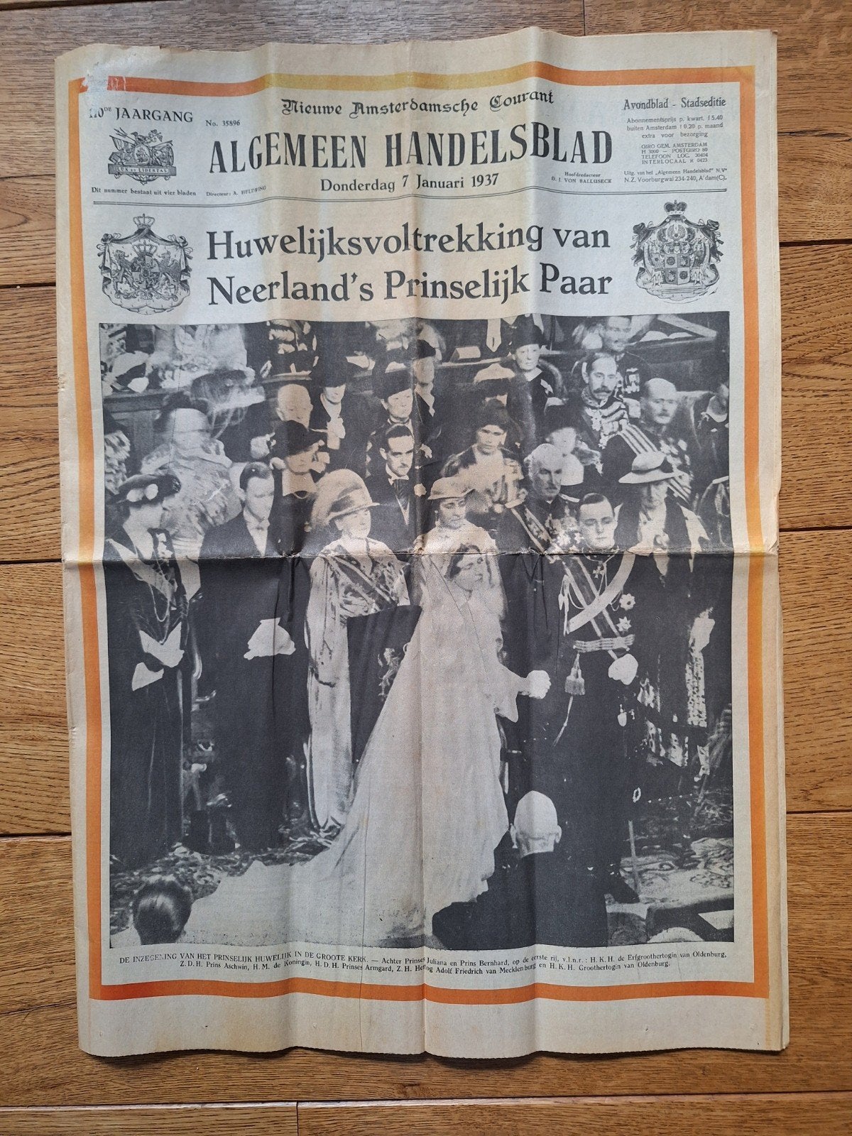Algemeen Handelsblad 7-1-1937: Huwelijk Juliana en Bernhard, Verzamelen, Ophalen of Verzenden, Gebruikt, Nederland, Tijdschrift of Boek