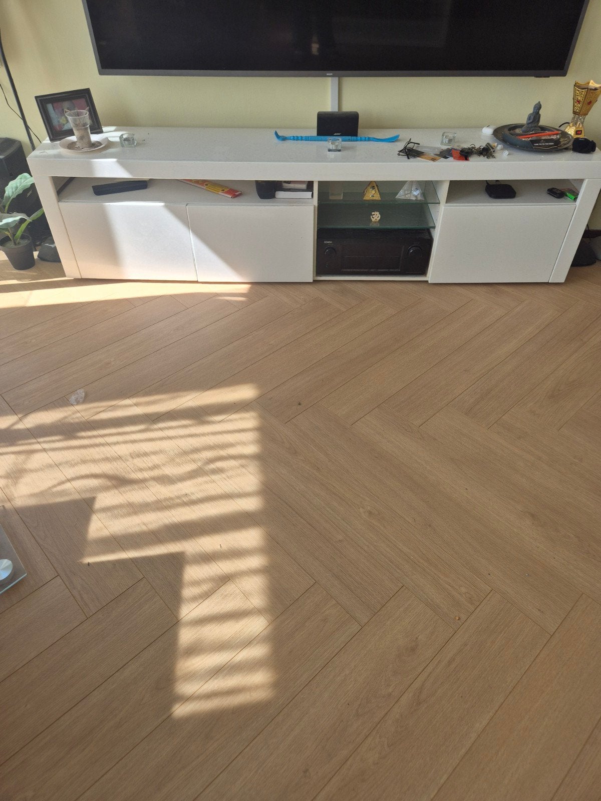 Witte hoogglans tv-meubel - L200cm x H48cm x D35cm, Ophalen, Overige materialen, Gebruikt, 150 tot 200 cm