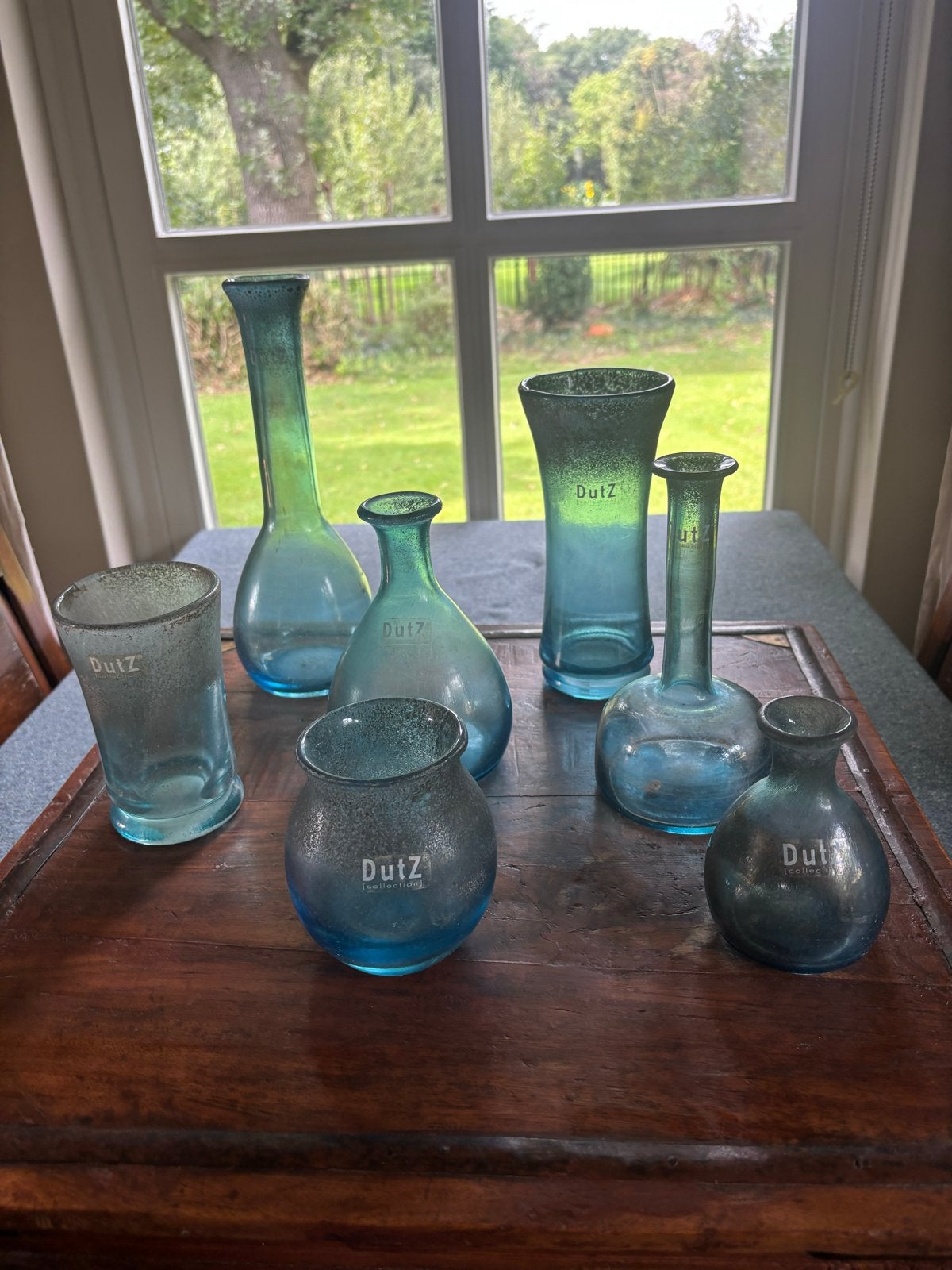 Set van 7 DutZ glazen vaasjes, Ophalen, Zo goed als nieuw, Blauw, Glas