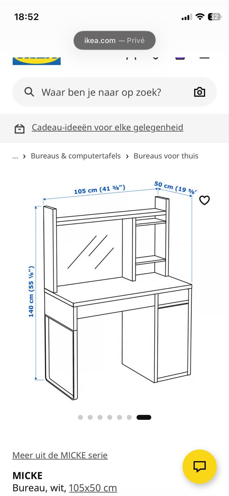 IKEA Micke bureau wit, 105x50 cm, Ophalen, Met lades, IKEA, Wit