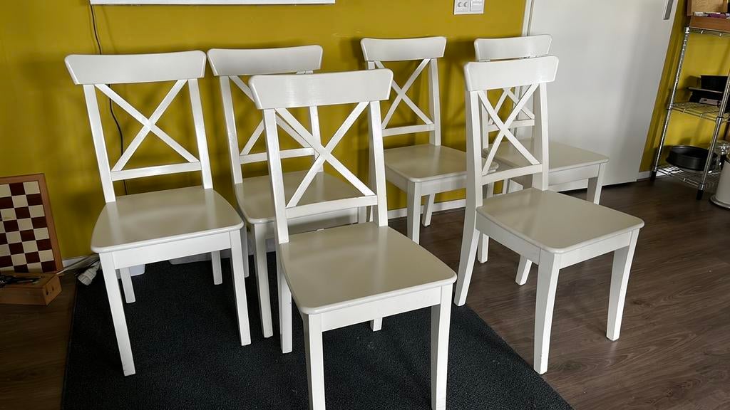 6 Ikea ingolf / Rosentorp stoelen, Huis en Inrichting, Stoelen, Ophalen, Gebruikt, Wit, Hout