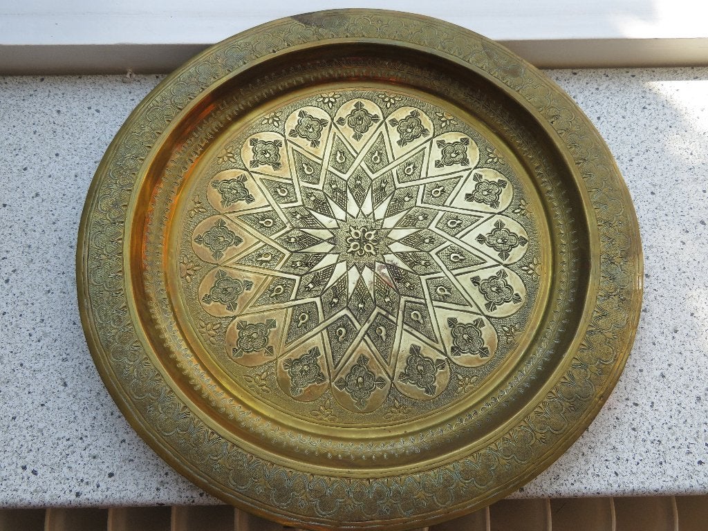 Koperen dienblad oosters gegraveerd Marokkaans? handmade, Overige materialen, Gebruikt, Ophalen of Verzenden, Dienblad