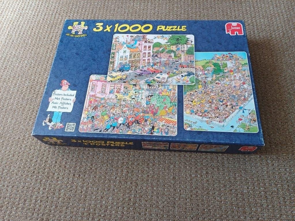 Puzzel Jan Van Haasteren 3x1000, Ophalen of Verzenden, 500 t/m 1500 stukjes, Gebruikt, Legpuzzel