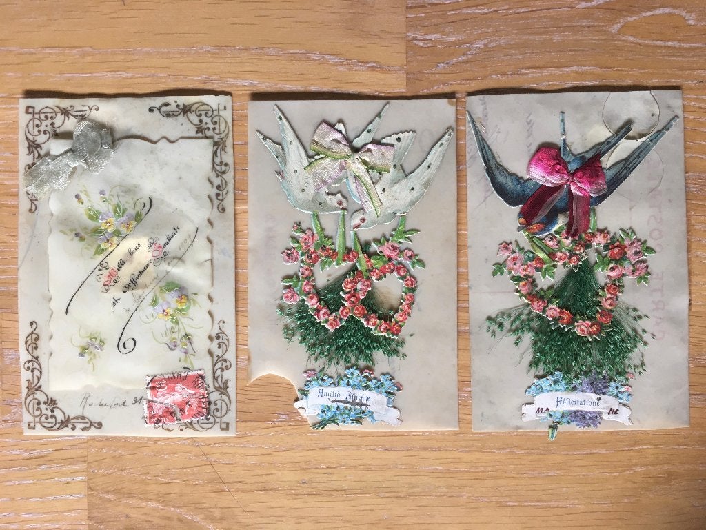 3 antieke kaarten celluloyd 8,5x13,5cm, Ophalen of Verzenden, Voor 1920, Gelopen, Overige thema's