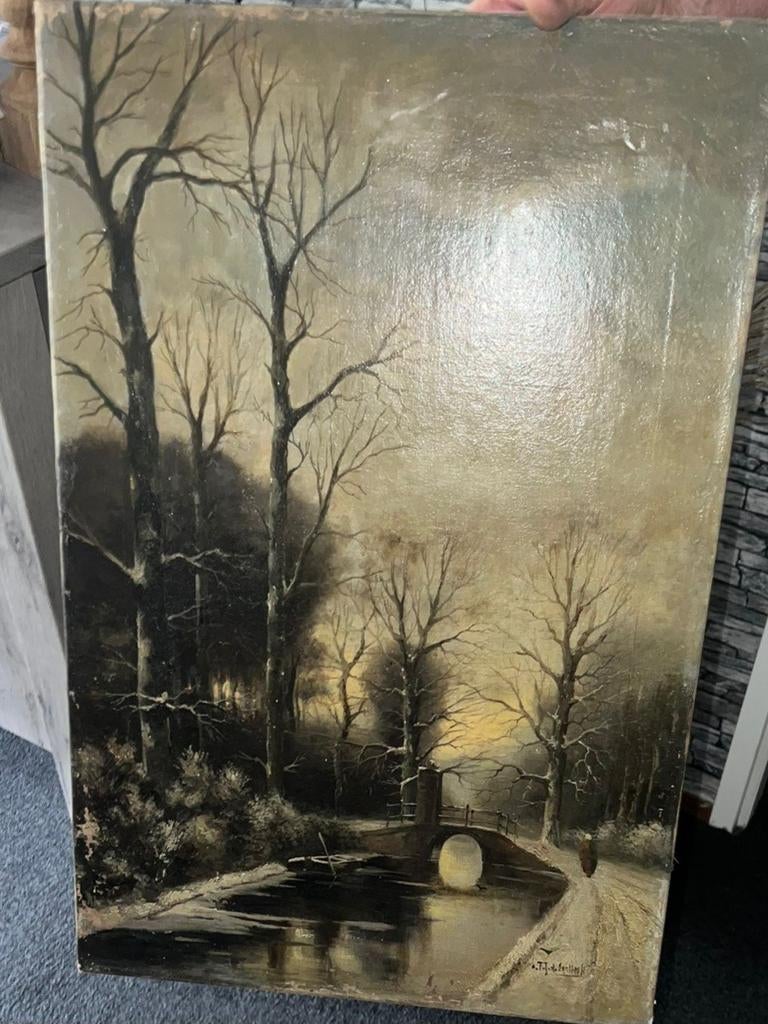 Winter Rivierenlandschap Olieverf, vermoedelijk Louis Apol, Antiek en Kunst, Kunst | Schilderijen | Klassiek, Ophalen of Verzenden