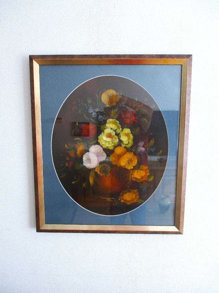 Olieverf Schilderij R. Rosini - Bloemenstilleven achter glas, Bijzondere lijst, Olieverf, Klassiek, Ophalen