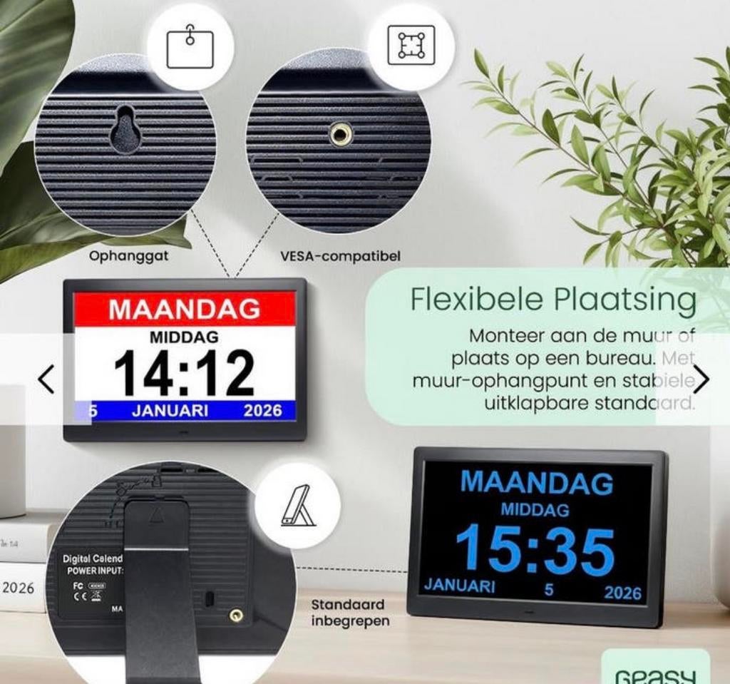 Seniorenklok met kalender - digitaal - 7 inch, Huis en Inrichting, Woonaccessoires | Klokken, Zo goed als nieuw, Ophalen
