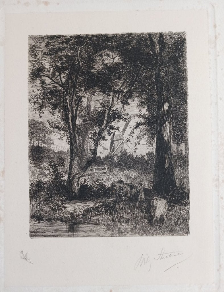 Willem Steelink jr. gesigneerde ets landschap met molen, Antiek en Kunst, Verzenden, Landschap, Ets, Gesigneerd