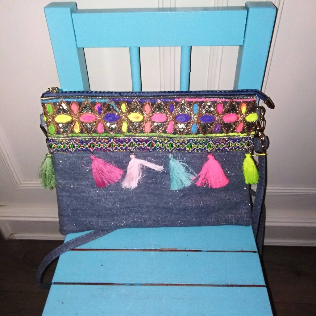Tasje van spijkerstof met gekleurde franjes Ibiza, Ophalen, Gebruikt, Overige kleuren, Handtas