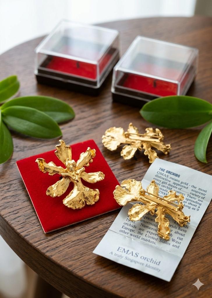 Unieke Set (2x) Vintage EMAS Singapore Orchidee Broches, Sieraden, Tassen en Uiterlijk, Ophalen, Zo goed als nieuw, Goud, Overige materialen