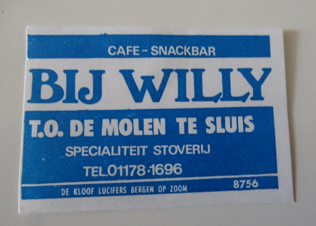 Café Snackbar   BIJ WILLY    T.O de Molen    te SLUIS, Verzamelen, Verzenden, Gebruikt, Luciferdoosjes of -merken