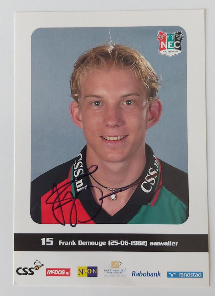 NEC Nijmegen spelerskaart Frank Demouge (gesigneerd), Verzenden, Zo goed als nieuw, Overige binnenlandse clubs, Spelerskaart