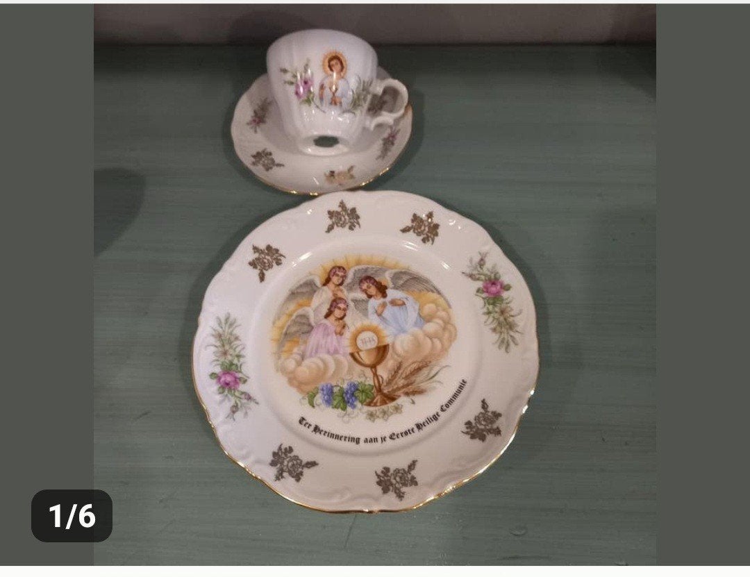 Vintage Communie Servies 3-delig met Diverse Afbeeldingen, Vintage, Gebruikt, Meerkleurig, Ophalen of Verzenden