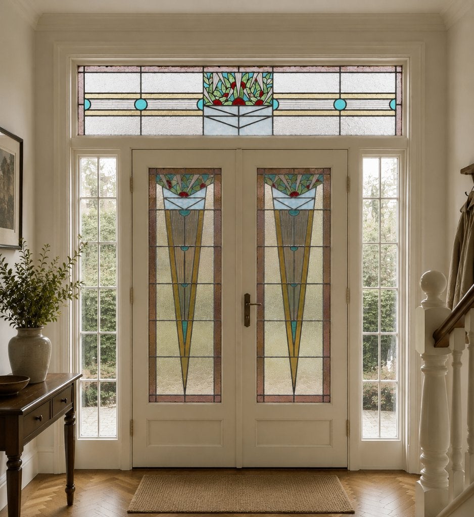 Set openslaande deuren / bovenlicht jugendstil glas in lood., Ophalen