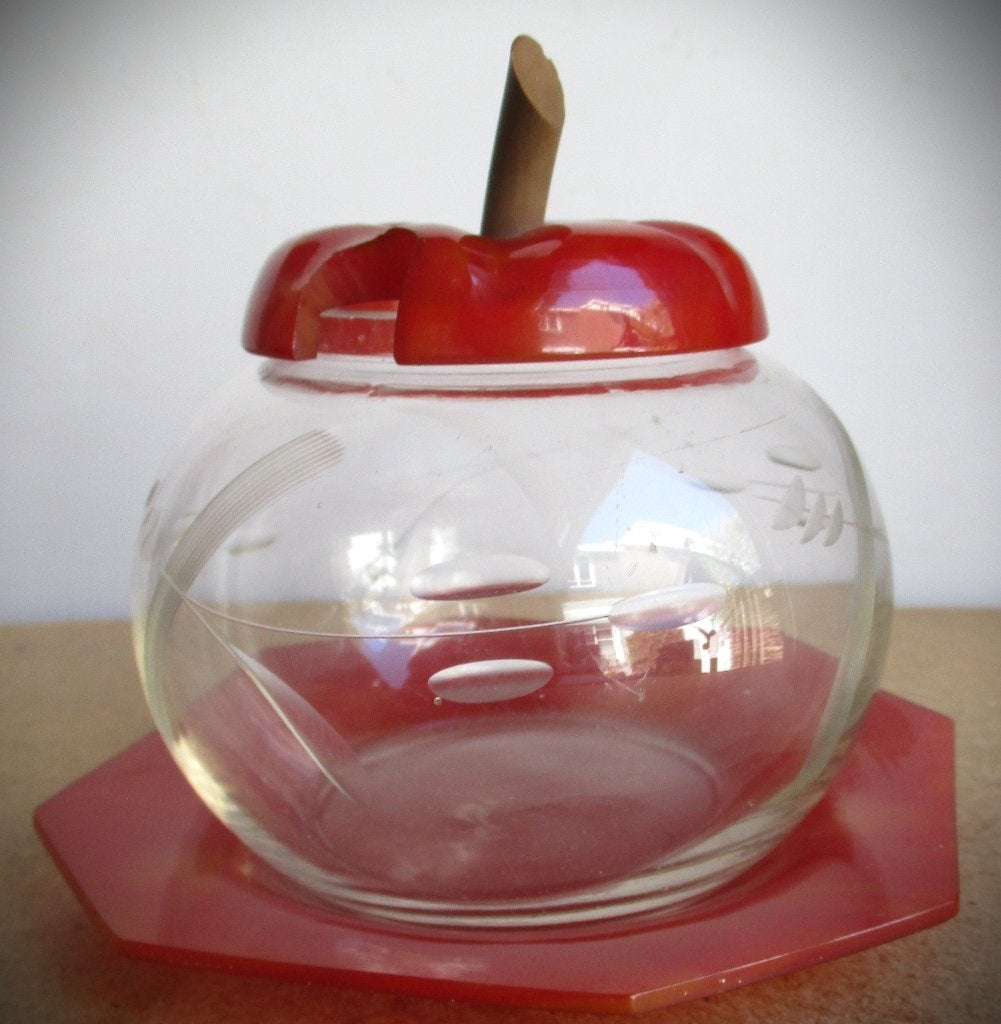 Bakeliet Rood en geëtst glas~Suikerpot~Jampotje~Appelstroop, Ophalen of Verzenden