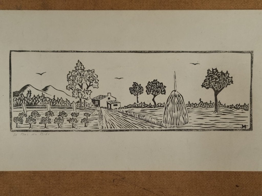 Houtsnede Le Mas du Midi - Zuid-Frans landschap, Antiek en Kunst, Ophalen, Met monogram, Houtsnede, 41 cm