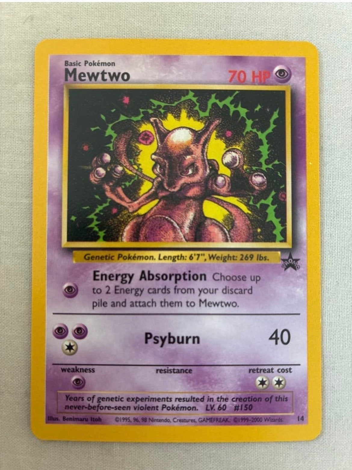 Mewtwo Pokémon kaart (Base Set, 14/102), Ophalen, Zo goed als nieuw, Losse kaart, Foil