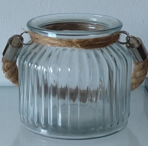windlicht glas met touw, volgnr 40, Windlicht, Ophalen of Verzenden, 11 cm, Glas
