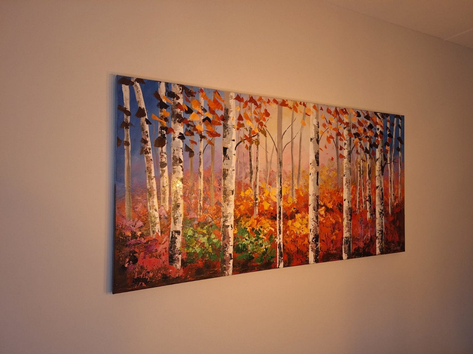 Schilderijen (2x) van kleurrijke bomen, Narel, Olieverf, Op houten frame, Textiel, Landschap
