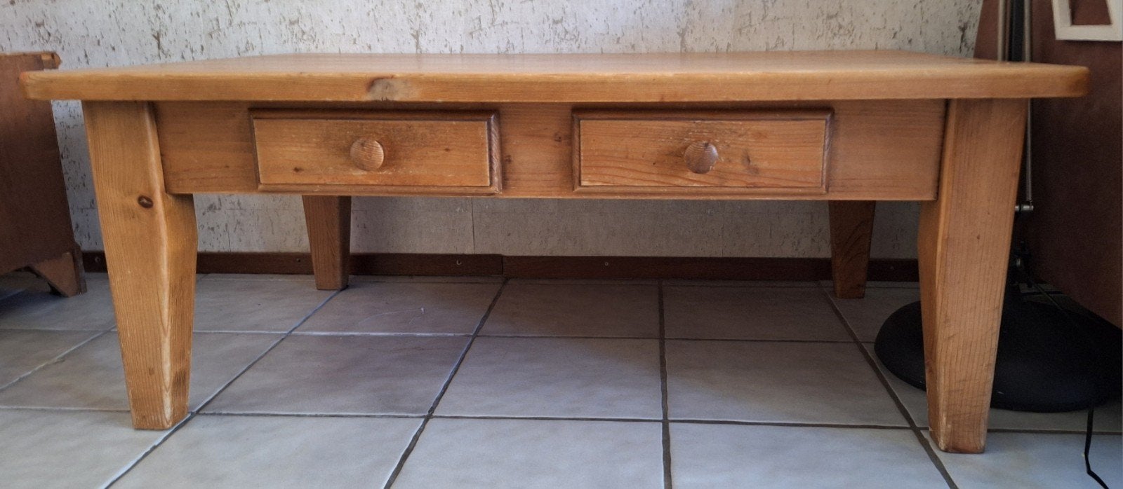 Huiskamertafel met 2 laatjes handmate., Huis en Inrichting, Tafels | Sidetables, Ophalen, Gebruikt, 100 tot 150 cm, 75 cm of meer